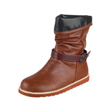 Women's Round Toe Solid Color Buckle Slid-on Boots