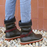 Women's Round Toe Solid Color Buckle Slid-on Boots